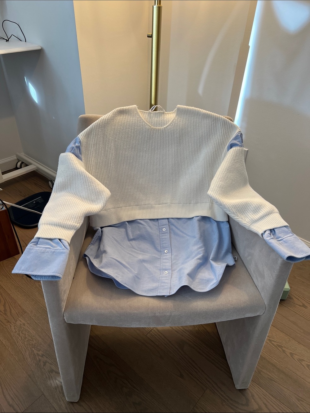 Alexander Wang White Cropped Knit Over Light Blue Shirt Layer